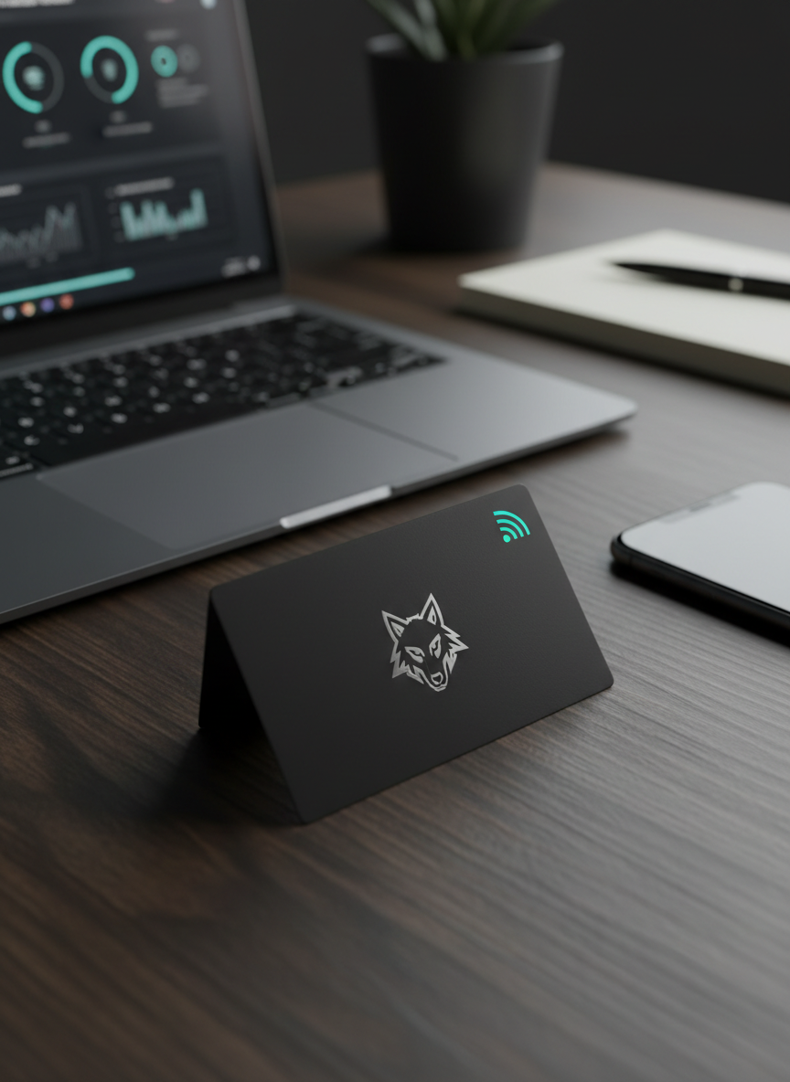 A sleek black NFC business card lying on a dark walnut desk, its metallic silver Bozkurt Yazılım ve Medya logo sharply embossed and a subtle NFC icon glowing faintly cyan on the corner. Around it, a modern laptop, a neatly stacked notebook, and a minimalist smartphone sit slightly out of focus, suggesting an organized digital workspace. Cool, directional studio lighting from the left creates crisp reflections on the card’s matte-laminate surface and gentle shadows on the desk grain. Photographic realism with an eye-level, close-up composition, shallow depth of field, and a clean, professional mood that communicates innovative digital marketing and premium branding.