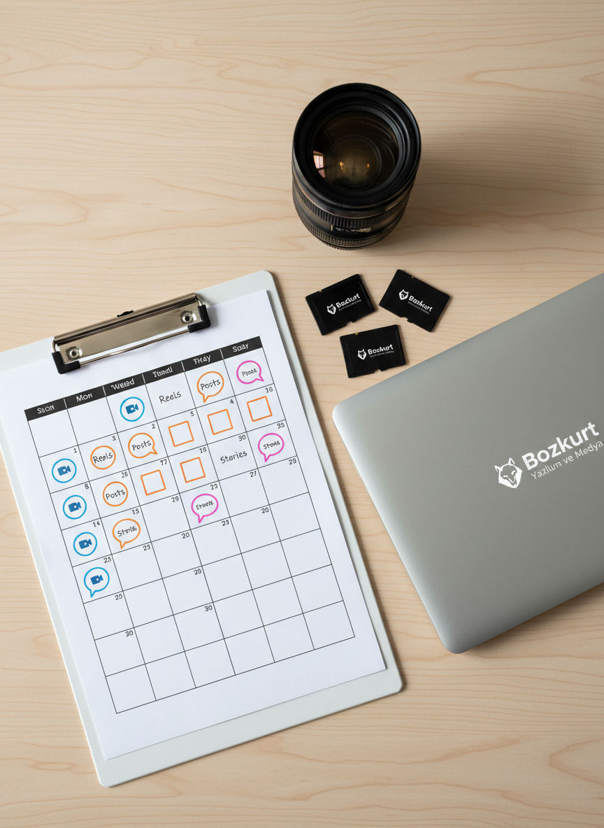 A neatly arranged social media content calendar printed on a clean white clipboard resting on a light birch desk, each day marked with colorful icons for reels, posts, and stories. Beside it lie branded memory cards, a closed laptop with the Bozkurt Yazılım ve Medya logo, and a camera lens with visible glass reflections, hinting at video editing and production. Soft overhead lighting and gentle window light combine to create balanced, natural shadows and subtle highlights. Photographic realism with a top-down, flat-lay composition and sharp focus across the frame, conveying strategic planning, consistent sosyal medya yönetimi, and professional content production.