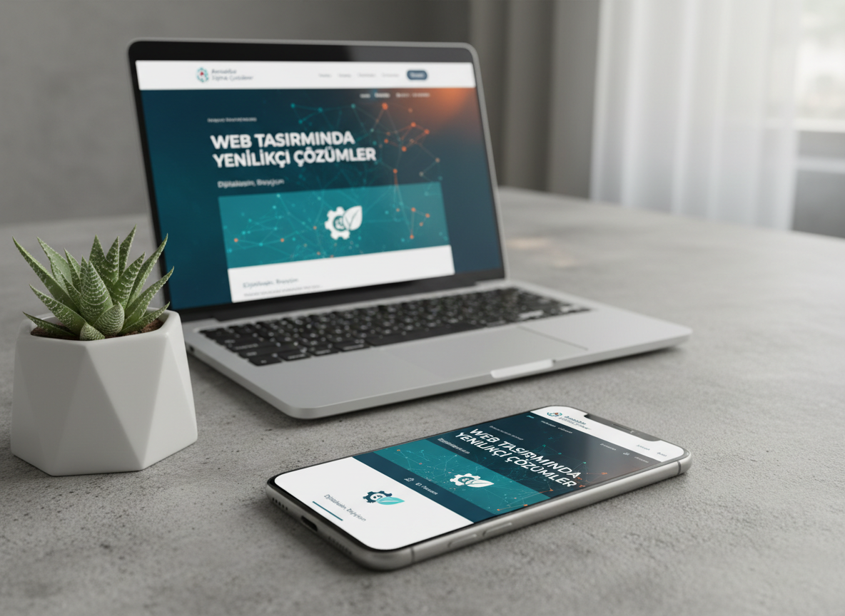 A modern smartphone placed on a concrete-textured tabletop displaying a freshly designed mobile website homepage for a Turkish business, with bold headline text, clean navigation, and vibrant hero imagery. Behind it, a thin laptop shows the same site in desktop view, emphasizing responsive web design. A small, geometric planter with a green succulent adds a subtle touch of color. Diffused natural light from the right creates gentle highlights on the glass screens and soft shadows under the devices. Photographic realism with a rule-of-thirds composition and medium depth of field, exuding a professional, contemporary mood that highlights web tasarım services.