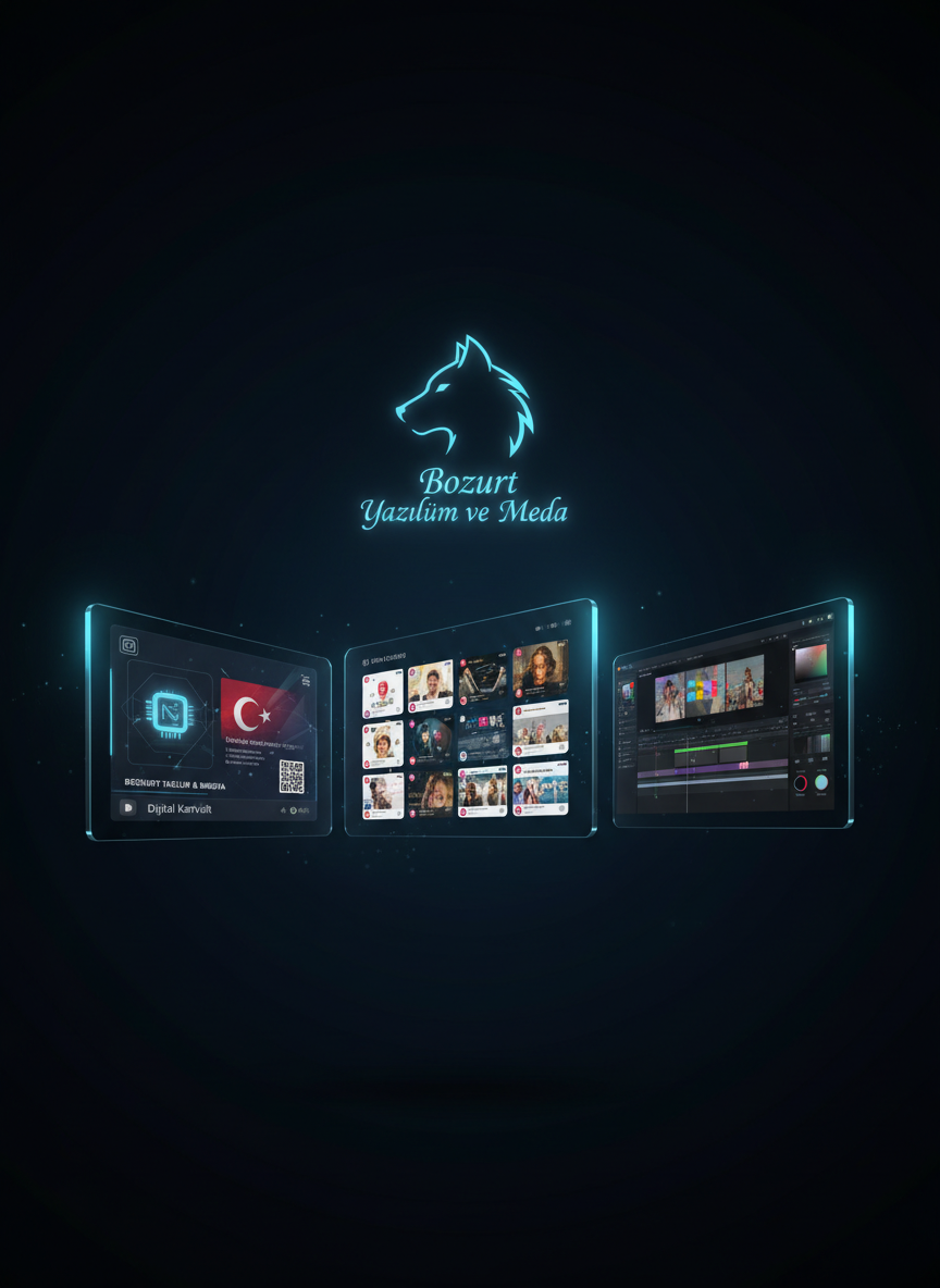 A trio of floating digital screens emerging from a dark blue gradient background, each screen representing a different service: one shows a stylized NFC kartvizit layout, another features a grid of social media posts and story previews, and the third shows a video timeline with color-correction tools and audio tracks. A subtle, glowing Bozkurt Yazılım ve Medya logo hovers in the distance. Cool, focused rim lighting outlines the screens, creating reflections and a sense of depth. Photographic, cinematic realism with a slightly low angle, emphasizing innovation, integration, and the full-suite digital marketing solutions offered across Turkey.