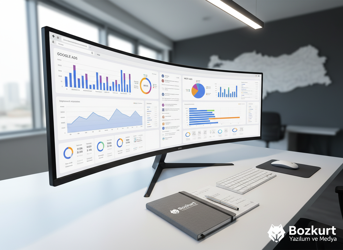 A large ultra-wide computer monitor on a clean white desk displaying an analytic dashboard with colorful but realistic charts, ad performance graphs, and campaign metrics labeled “Google Ads” and “Meta Ads.” Next to the monitor, a slim keyboard and wireless mouse align perfectly, with a branded notebook featuring the Bozkurt Yazılım ve Medya logo slightly open. Soft daylight from a nearby window mixes with cool overhead LED lighting, giving the scene a crisp, focused atmosphere. Photographic realism, shot from a slightly elevated angle with sharp focus, conveying data-driven, nationwide digital marketing expertise and organized campaign management.