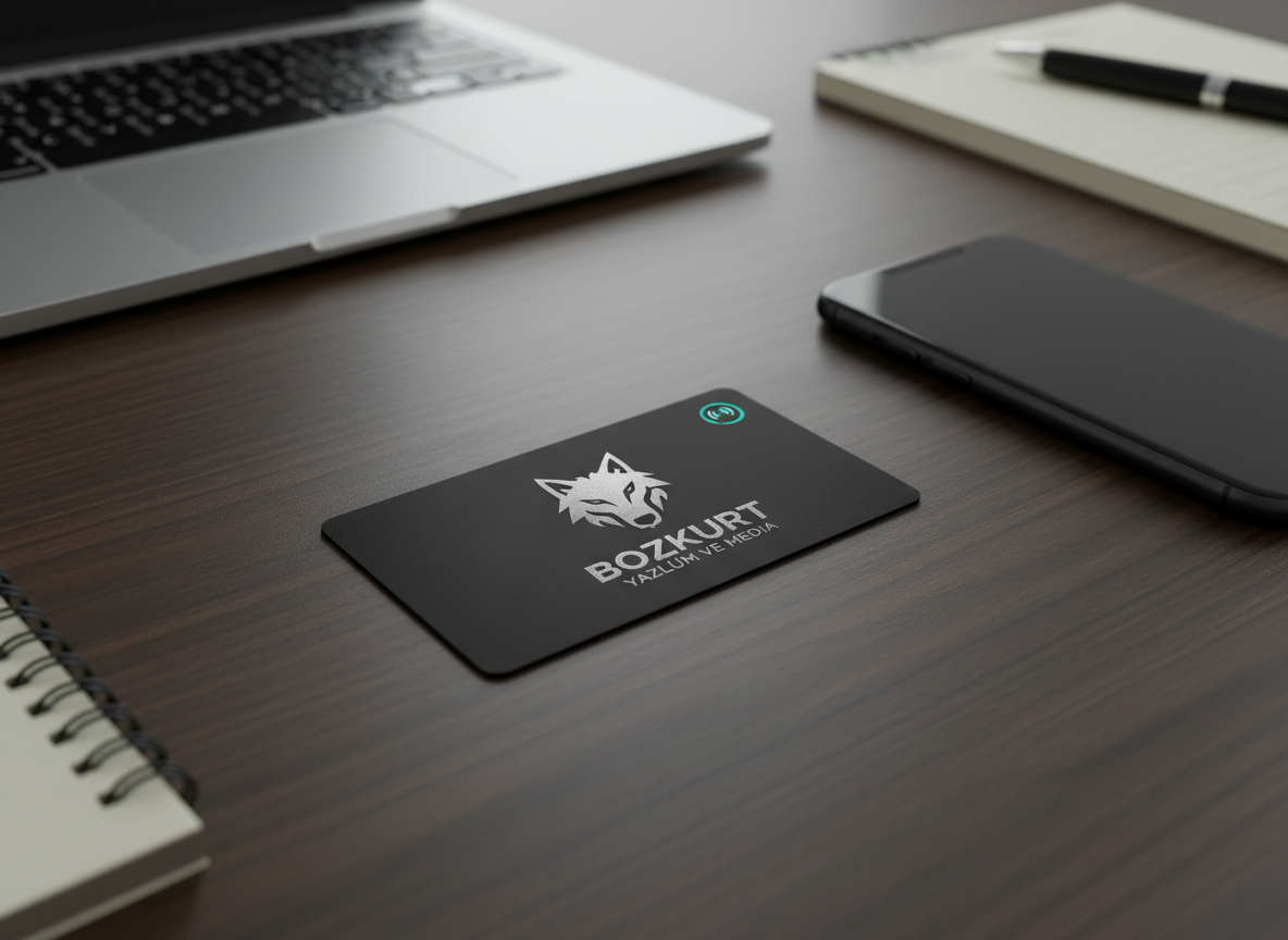 A sleek black NFC business card lying on a dark walnut desk, its metallic silver Bozkurt Yazılım ve Medya logo sharply embossed and a subtle NFC icon glowing faintly cyan on the corner. Around it, a modern laptop, a neatly stacked notebook, and a minimalist smartphone sit slightly out of focus, suggesting an organized digital workspace. Cool, directional studio lighting from the left creates crisp reflections on the card’s matte-laminate surface and gentle shadows on the desk grain. Photographic realism with an eye-level, close-up composition, shallow depth of field, and a clean, professional mood that communicates innovative digital marketing and premium branding.